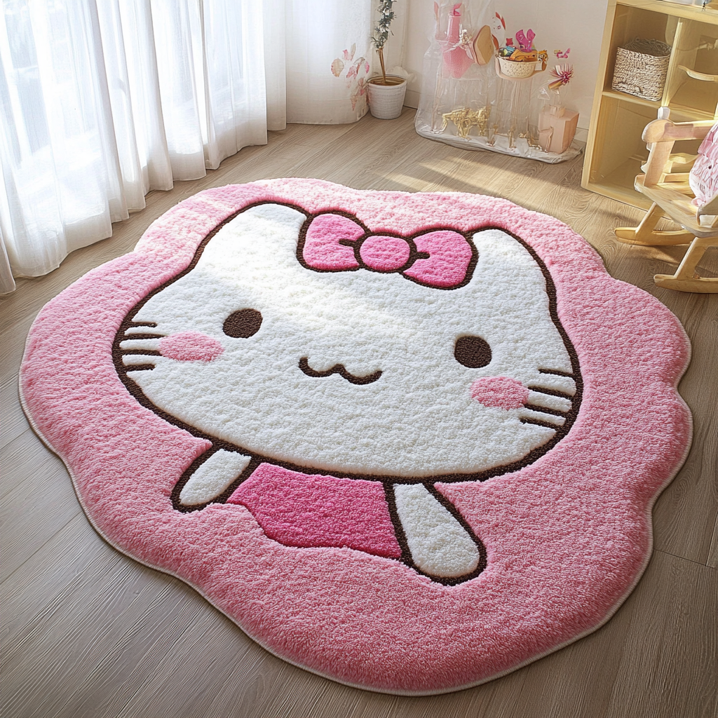 Runder handgefertigter Teppich im Hello Kitty Design mit rosa und weißen Farbtönen in einem Kinderzimmer, weich und flauschig auf hellem Holzboden